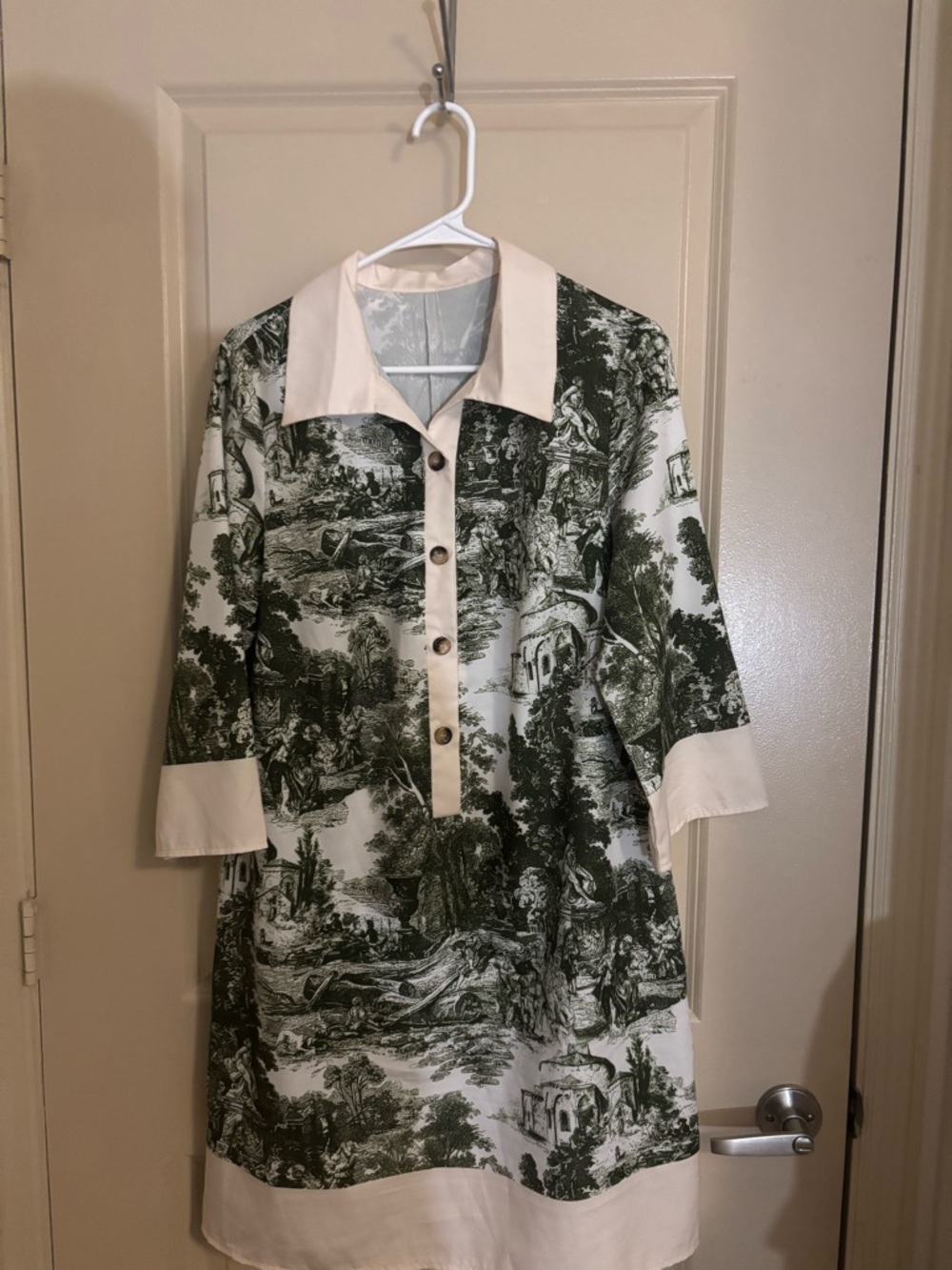 Green Toile Print Tunic Dress with Cream Trim